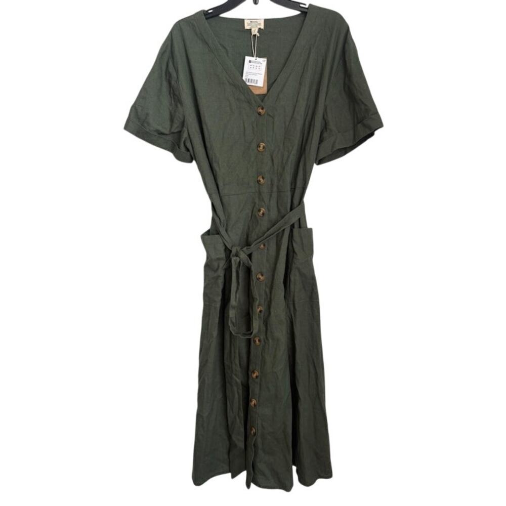 NWT Mountain Warehouse Womens Green Linen Button Down Dress Size 14